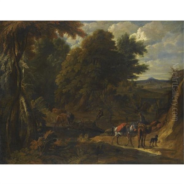 A Wooded Landscape With Herders And Their Animals On A Path, Waterfalls And A Village To The Left (+ A Wooded Landscape With Cattle Drinking From A Stream And Their Herders Resting, Various Sizes; Pair) - view 1