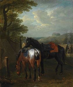 Zwei Gesattelte Pferde An Der Tranke by Pieter van Bloemen