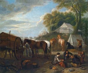 Nachtlager Von Reisenden Mit Pferden In Einer Bewaldeten Landschaft
