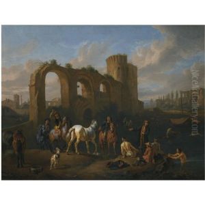 A Roman Landscape With Horsemen And Bathers At A Watering Hole, Architechtural Ruins Beyond by Pieter van Bloemen