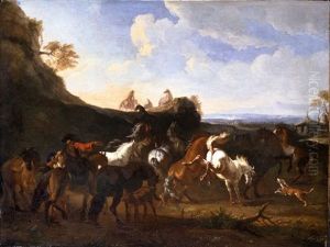 Cavalli Imbizzarriti E Figure In Un Paesaggio by Pieter van Bloemen