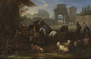 Hirten Mit Vieh Vor Dem Kolosseum In Rom by Pieter van Bloemen
