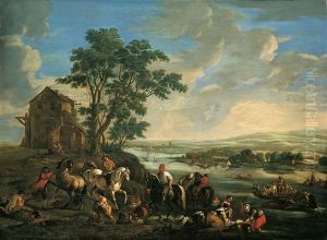 Weite Flusslandschaft Mit Reitern Und Wascherinnen by Pieter van Bloemen