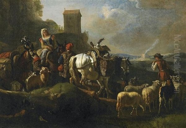 Italienische Bauern, Zum Markt Ziehend In Weiter Campagnalandschaft. Im Hintergrund Ein Kalkofen - view 1