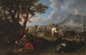 An Extensive Landscape With Harvesters Working In A Field And Others Resting Under A Tree by Pieter van Bloemen
