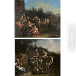 A Cavalier On Horseback Outside A Camp, A Woman Resting With Her Two Children Nearby (+ Travellers On A Path Exchanging Wares; Pair)