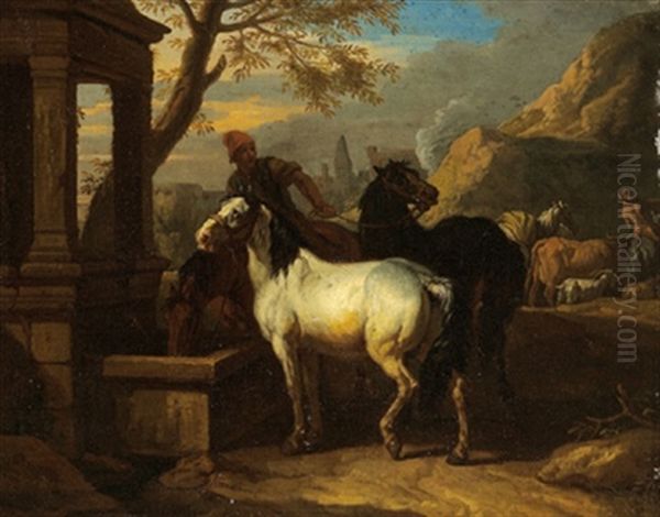 Pferde An Der Tranke In Einer Sudlichen Landschaft - view 1
