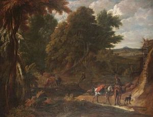 A Wooded Italianate Landscape With A Traveller On A Path And A Drover Watering His Cattle At A Stream (+ An Italianate Landscape With Travellers On A Path, A View To Tivoli Beyond; Pair) by Pieter van Bloemen