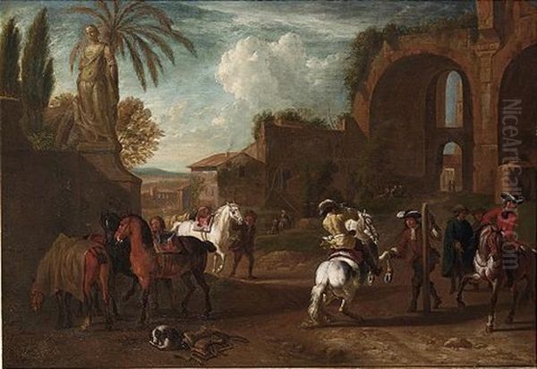 A Riding-school With Other Horsemen In An Italianate Village Scene With Ruins Of Classical Architecture Behind - view 1