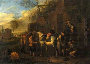 Travelers Resting At An Inn While A Farrier Replaces A Horseshoe by Pieter van Bloemen