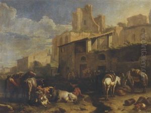 Viandanti In Sosta E Armenti Vari Davanti Ad Una Taverna Con Rovine Romane Sullo Sfondo by Pieter van Bloemen