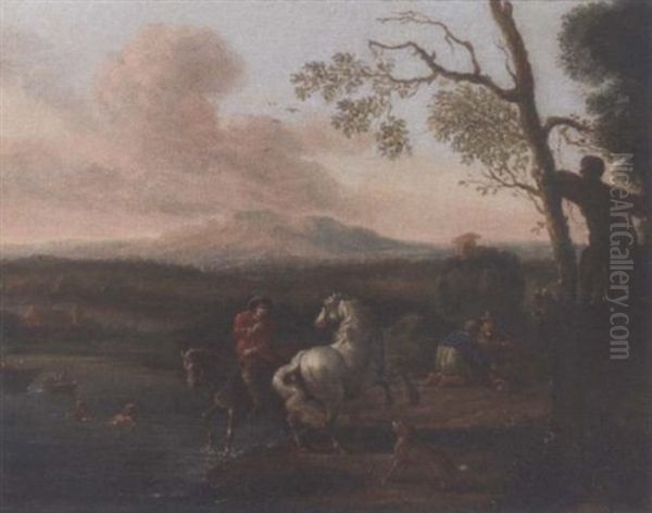 A Riverside Landscape With Bathers And A Horseman - view 1