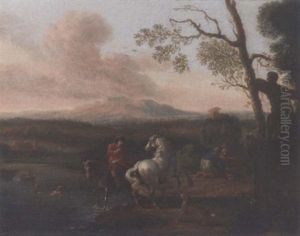 A Riverside Landscape With Bathers And A Horseman