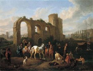 A Roman Landscape With Horsemen And Bathers At A Watering-hole, Architectural Ruins Beyond by Pieter van Bloemen