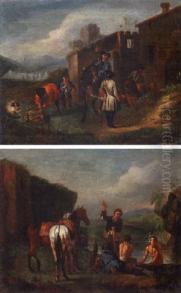 Cavalry Officers Bathing Beside Ruins In An Italianate Landscape - view 1