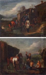Cavalry Officers Bathing Beside Ruins In An Italianate Landscape