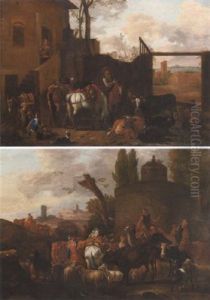 A Peasant And His Family With Their Livestock In A Courtyard Preparing To Depart