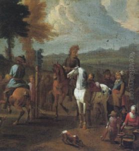 Eine Reitschule Mit Pferden Und Figuren In Einer Landschaft by Pieter van Bloemen