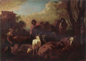 Shepherds Conversing, With Cattle, Sheep And Goats Nearby, A Mansion Beyond, In A Mountainous Landscape by Pieter van Bloemen