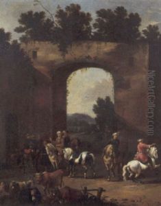 Cavalieri E Astanti Turchi Presso Rovine Romane, Con Armenti In Primo Piano by Pieter van Bloemen