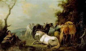 Rastende Reiter Und Pferde Am Waldrand by Pieter van Bloemen