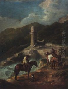 A Coatal Landscape With Travellers Resting Before A Tower by Pieter van Bloemen