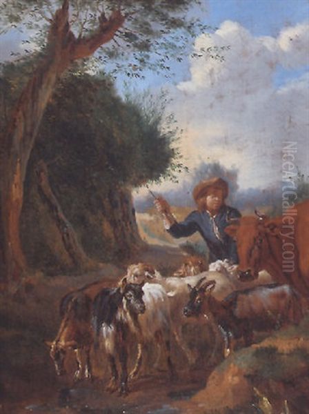 A Young Herder With Cattle And Goats In A Landscape - view 1
