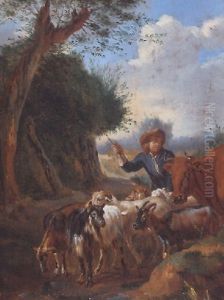 A Young Herder With Cattle And Goats In A Landscape by Pieter van Bloemen