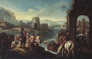An Italianate River Landscape With Riders Watering Their Horses by Pieter van Bloemen