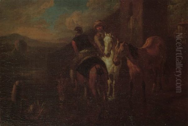 Horses Being Watered At A River Outside An Italiante Town - view 1