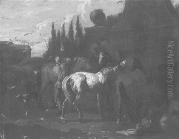 Horses Being Watered At A Fountain In An Italianate Landscape - view 1