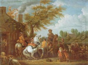 Soldiers And Other Figures On Horesback Outside A Blacksmith's Forge