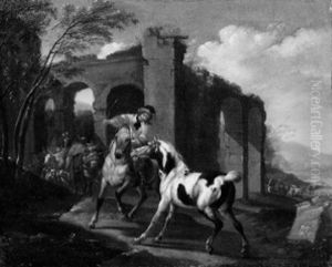 Vor Einer Ruinenlandschaft Reiter Mit Zwei Pferden