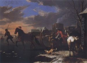 A Lady And A Gentleman In A Horsedrawn Sleigh On A Frozen River With Horses And A Barking Dog