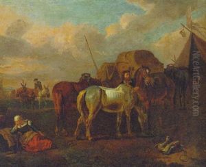 A Groom Unsaddling Horses In An Encampment