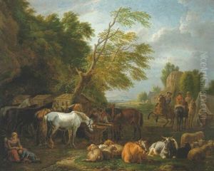 A Military Encampment In A Wooded Landscape With Sheep And Cattle Grazing, And Mounted Cavalry Behind