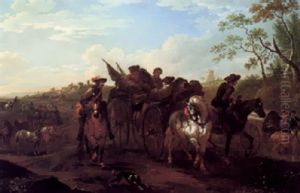 Wounded Soldiers In A Cart, Accompanied By A Mounted Cavalry Officer, A Fortified Town Beyond by Pieter van Bloemen