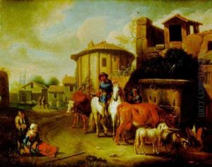 Paisaje De Pueblo Con Viajero Preguntando El Camino A Unos Pastores by Pieter van Bloemen