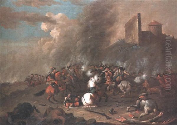 Cavalry And Infantry On A Battle Field Beneath A Fortress - view 1