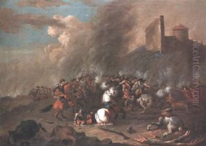 Cavalry And Infantry On A Battle Field Beneath A Fortress