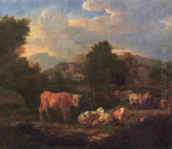 Wooded Italianate Landscape With Cattle, Sheep And Goats, Town - view 1