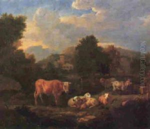 Wooded Italianate Landscape With Cattle, Sheep And Goats, Town by Pieter van Bloemen