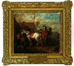 An Encampment With Figures And Horses Feeding