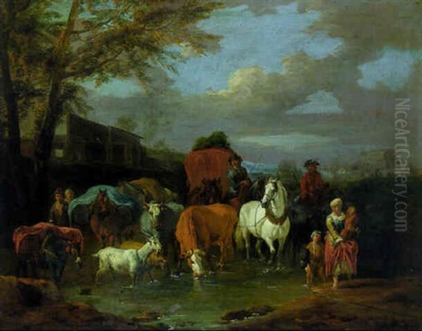 Drovers With Cattle And Goats Fording A Stream - view 1