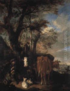 A Herdsman With Cattle And Sheep By A Farm by Pieter van Bloemen