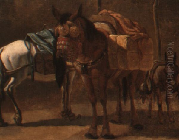 Two Horses And A Donkey Laden With Goods - view 1