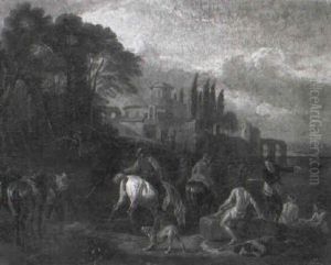 Horsemen And Bathers By A River, A Church And Classical Ruins Beyond