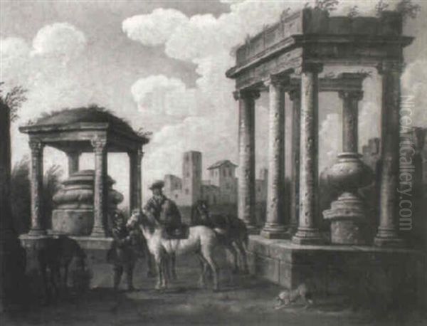 Capriccio Of Classical Ruins With Soldiers And Their Mounts - view 1
