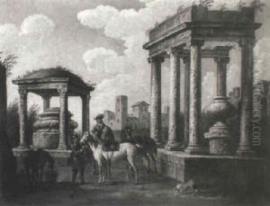 Capriccio Of Classical Ruins With Soldiers And Their Mounts by Pieter van Bloemen
