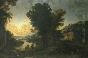 An Extensive River Landscape With Travellers On A Track An Extensive River Landscape With Travellers On A Track